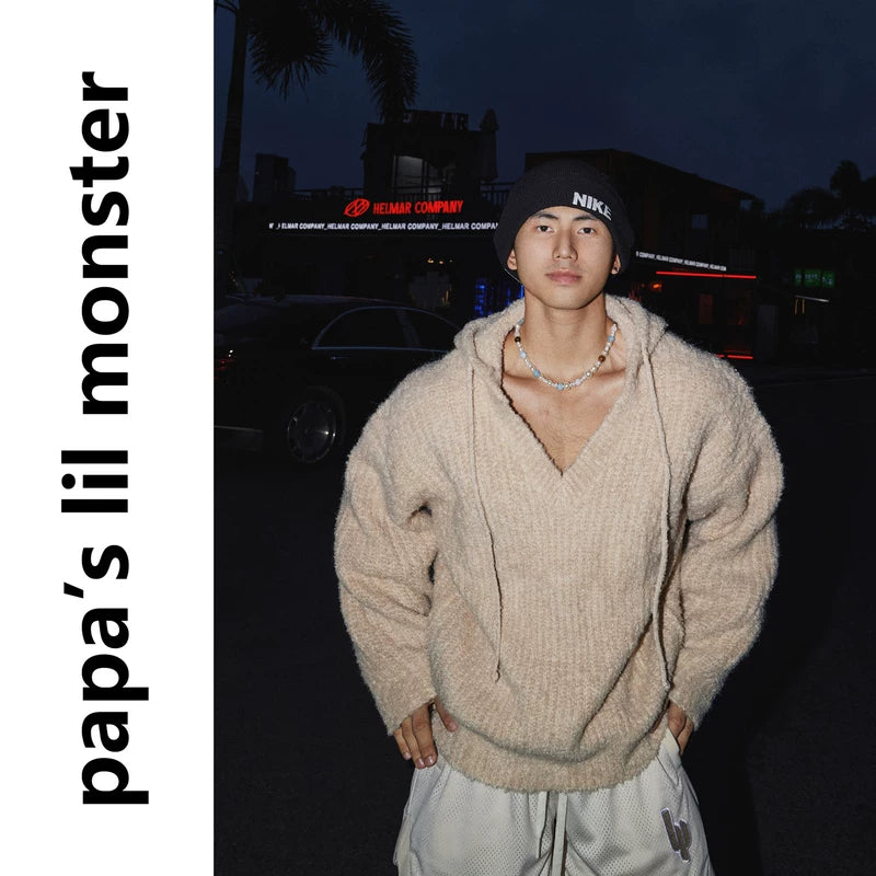 6106547146742,6106547146743,6106547146744, Loose Retro V-Neck Knitted Hooded Sweater