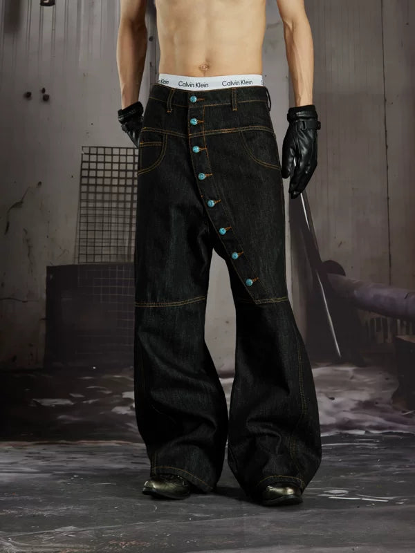 Loose Straight Leg Button Placket Jeans 4