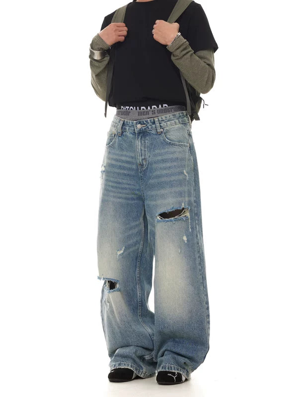 Loose Straight Leg Distressed Jeans Pants 1