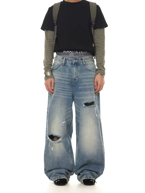 Loose Straight Leg Distressed Jeans Pants 2