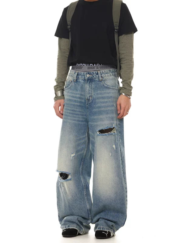 Loose Straight Leg Distressed Jeans Pants 3