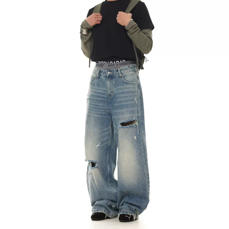 5764812065387,5764812065388,5764812065389,5764812065390,5764812065391, Loose Straight Leg Distressed Jeans Pants