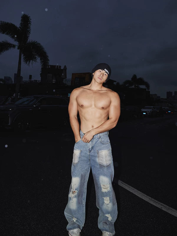Loose Straight Leg Ripped Denim Pants 1