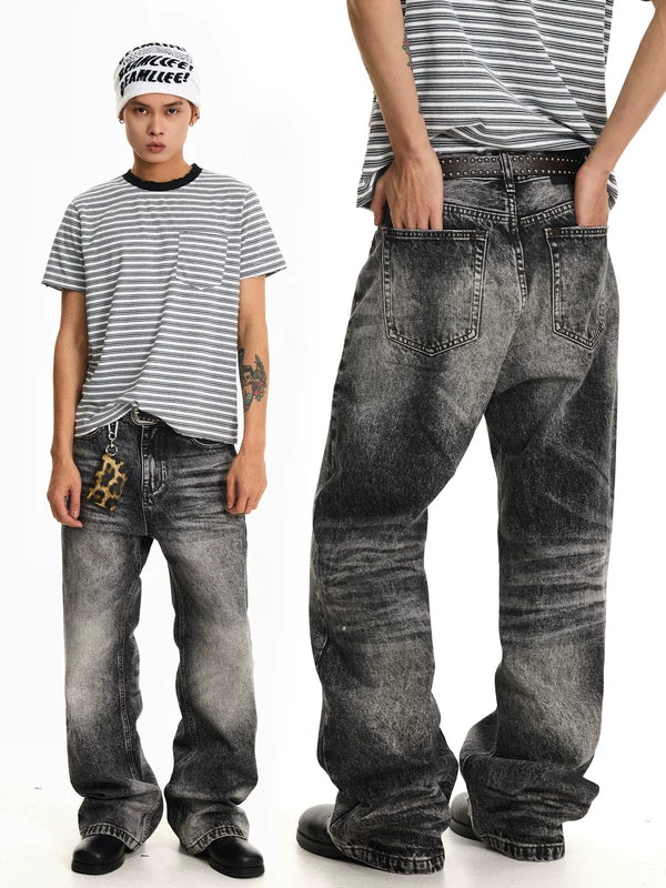 Loose Straight Leg Whiskered Denim Pants 1