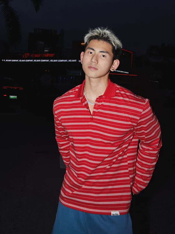 Loose Striped Long-Sleeve Polo Shirt 1