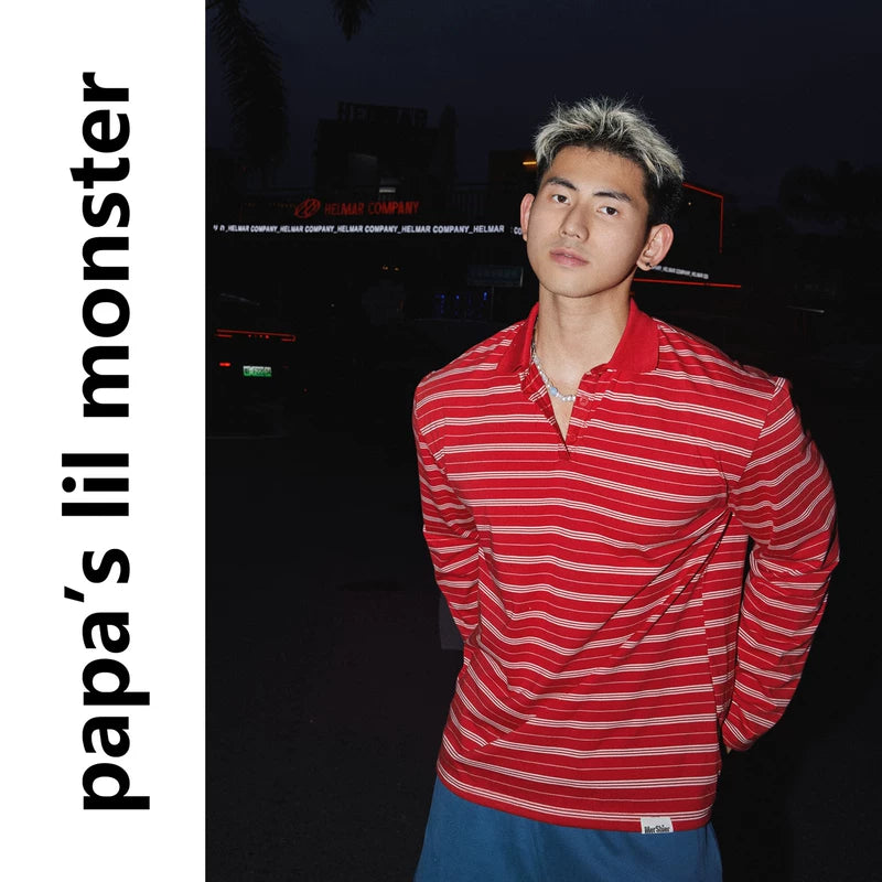 6061949367502,6061949367503,6061949367504, Loose Striped Long-Sleeve Polo Shirt