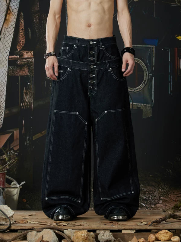 Low-Rise Wide-Leg Denim Cargo Pants 1