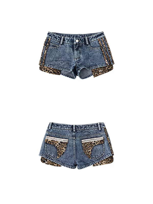 Low-Waist Leopard Patchwork Denim Shorts 5