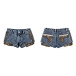 6259083039794,6259083039795,6259083039796,6259083039797, Low-Waist Leopard Patchwork Denim Shorts