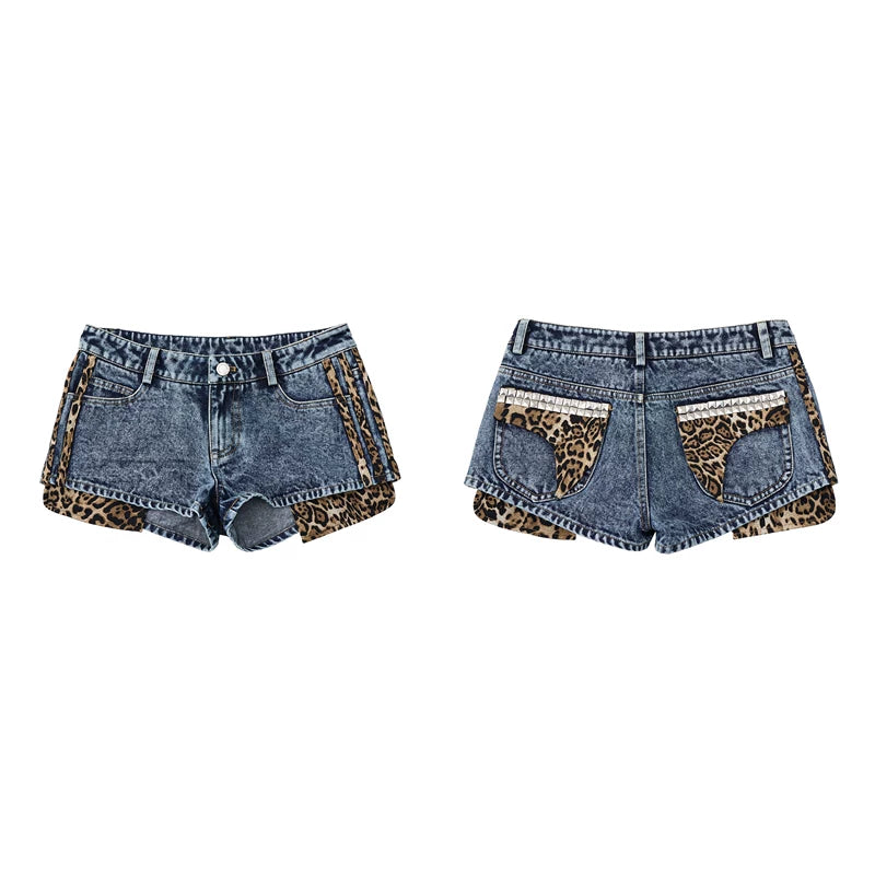 6259083039794,6259083039795,6259083039796,6259083039797, Low-Waist Leopard Patchwork Denim Shorts