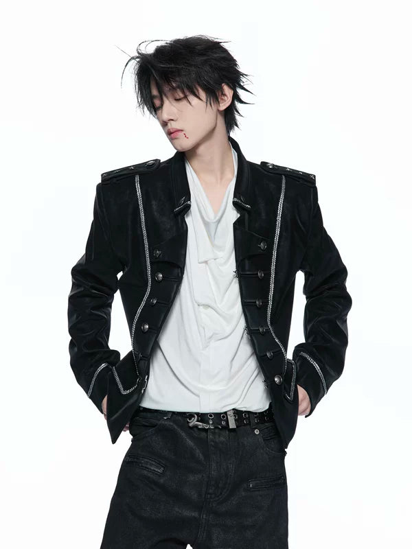 Matte Leather Court-Style Buttoned Jacket 1