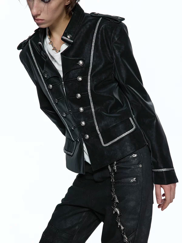 Matte Leather Court-Style Buttoned Jacket 4