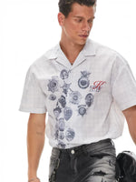 Medal Print Plaid Short Sleeve Shirt 1
