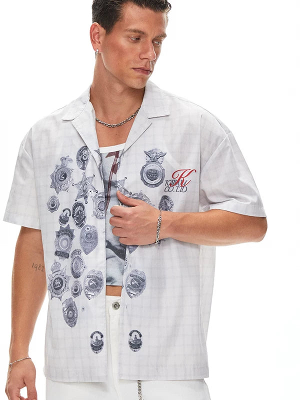 5933405662545,5933405662546,5933405662547,5802034240473, Medal Print Plaid Short Sleeve Shirt