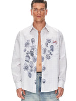 5933405662548,5933405662549,5933405662550,5802034240474, Medal Print Plaid Short Sleeve Shirt