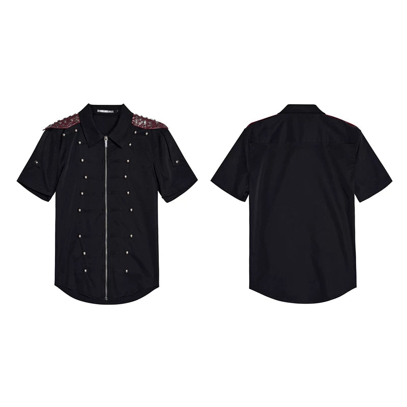 6226758386260,6226758386261,6226758386262,6226758386263, Medieval Rivet Patchwork Zip-Up Shirt