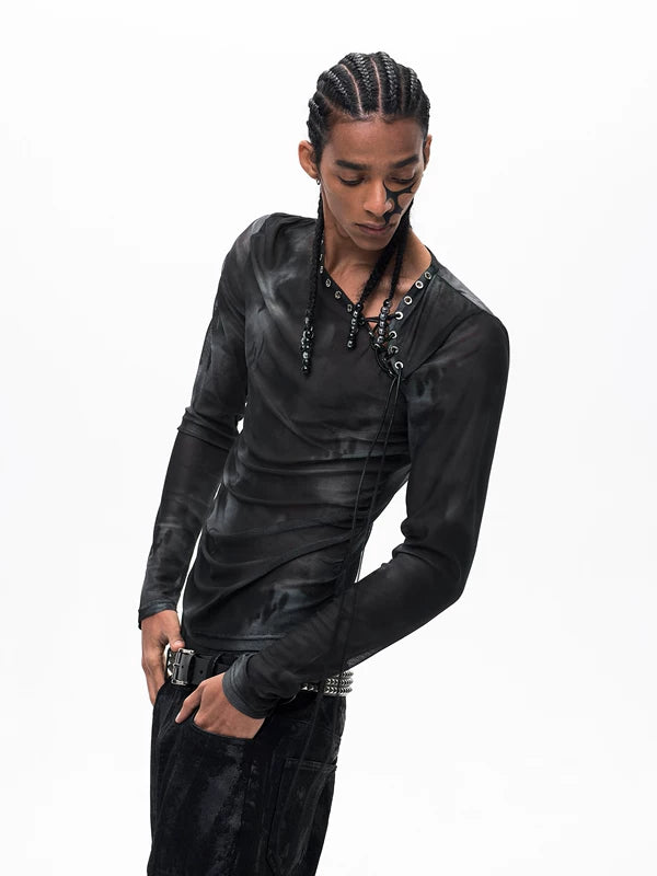 Mesh Long Sleeve Drawstring Slim T-Shirt 3