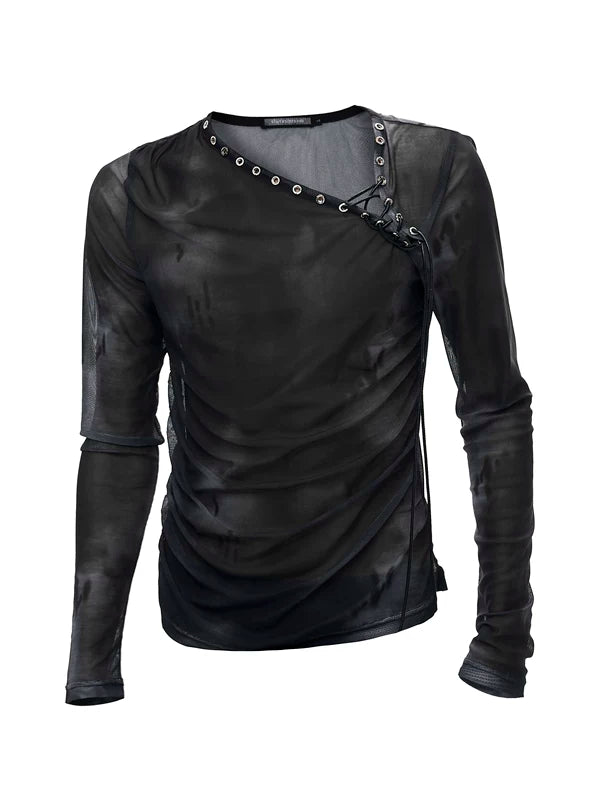 Mesh Long Sleeve Drawstring Slim T-Shirt 5