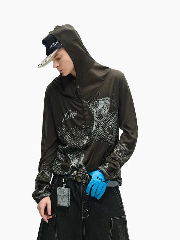 Mesh Print Lightweight Hooded Henley Cover-Up 3