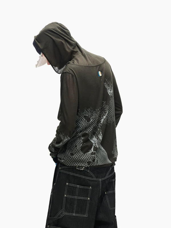 Mesh Print Lightweight Hooded Henley Cover-Up 4
