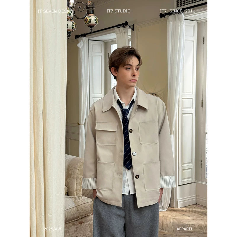 Minimalist Lapel Collar Jacket with Spliced Cuffs 1