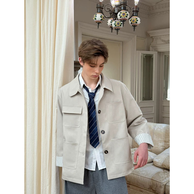 Minimalist Lapel Collar Jacket with Spliced Cuffs 2