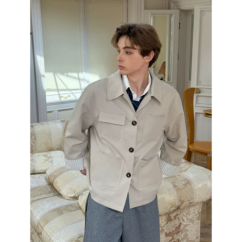 Minimalist Lapel Collar Jacket with Spliced Cuffs 5