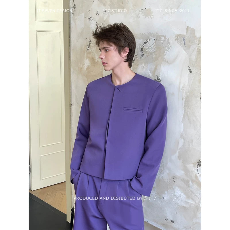 Minimalist Round Neck Blazer and Pants Set 1