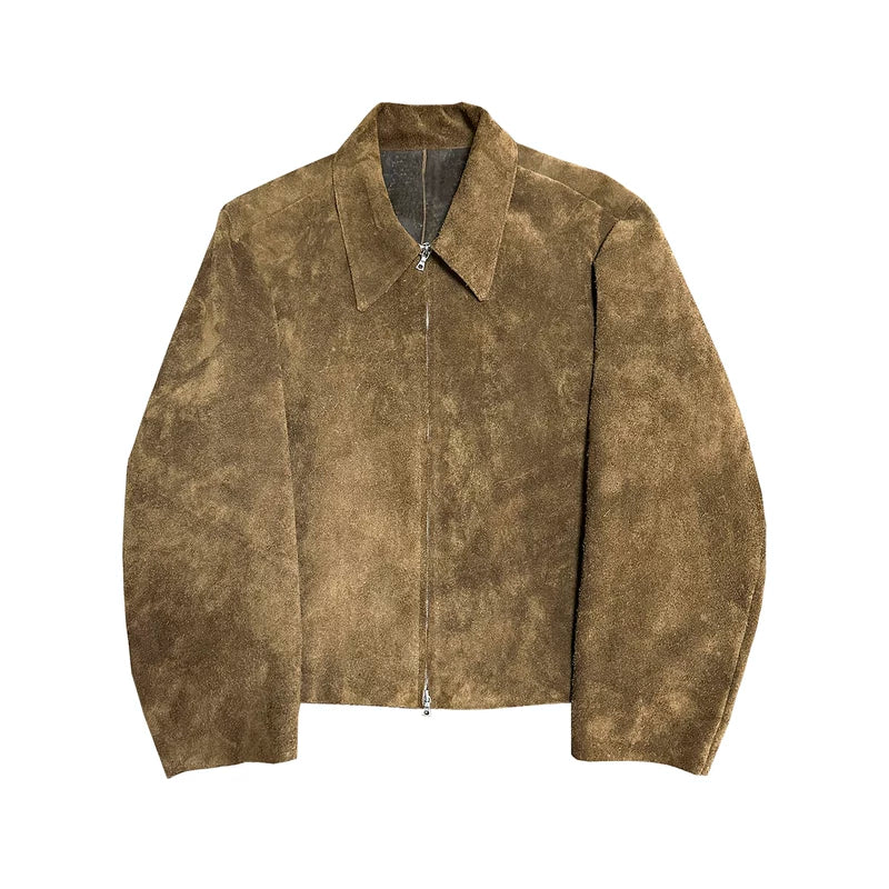 Minimalist Suede Calfskin Collared Leather Jacket 1