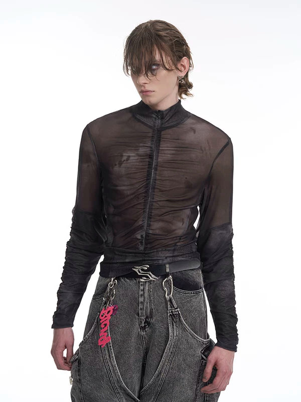 Mock Neck Mesh Zipper Slim Shirt 2