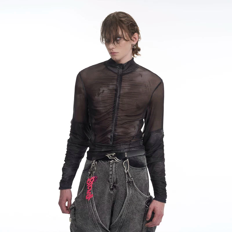 5714200648636,5714200648637,5714200648638,5714200648639, Mock Neck Mesh Zipper Slim Shirt