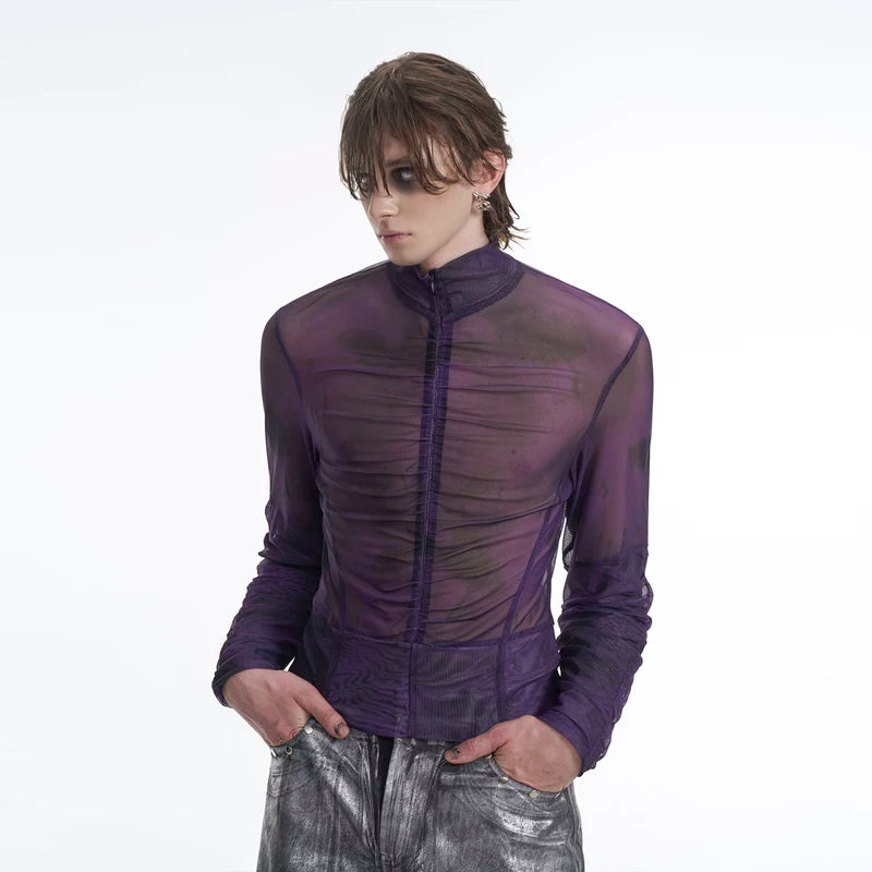5714200648640,5714200648641,5714200648642,5714200648643, Mock Neck Mesh Zipper Slim Shirt