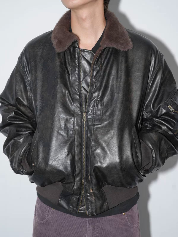 PU Leather Bomber Jacket with Faux Fur Collar 1