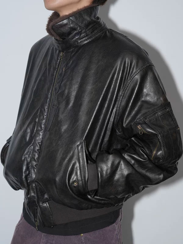 PU Leather Bomber Jacket with Faux Fur Collar 2
