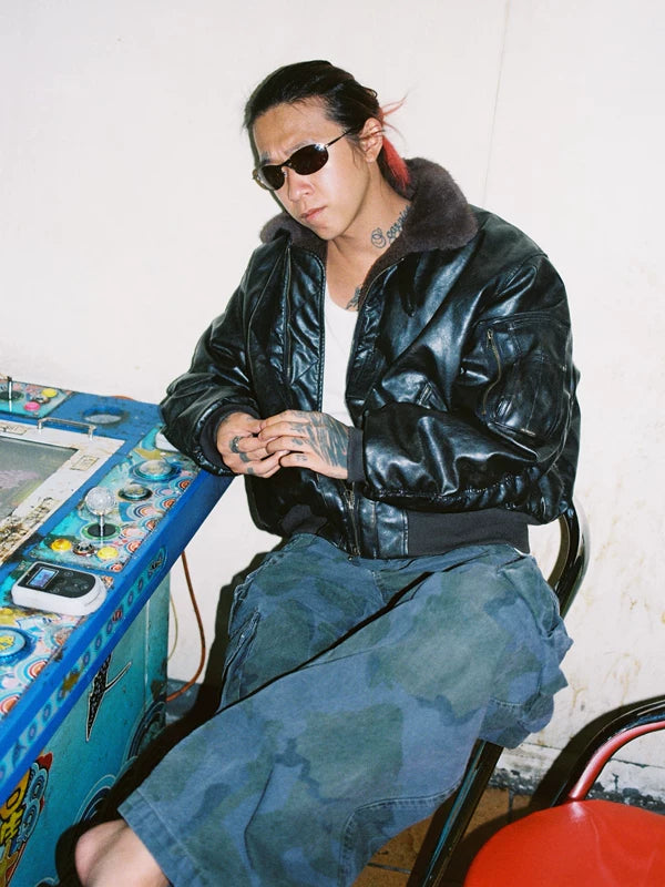 PU Leather Bomber Jacket with Faux Fur Collar 3