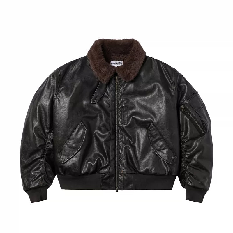 5943371176960,5943371176961,5943371176962,5943371176963, PU Leather Bomber Jacket with Faux Fur Collar