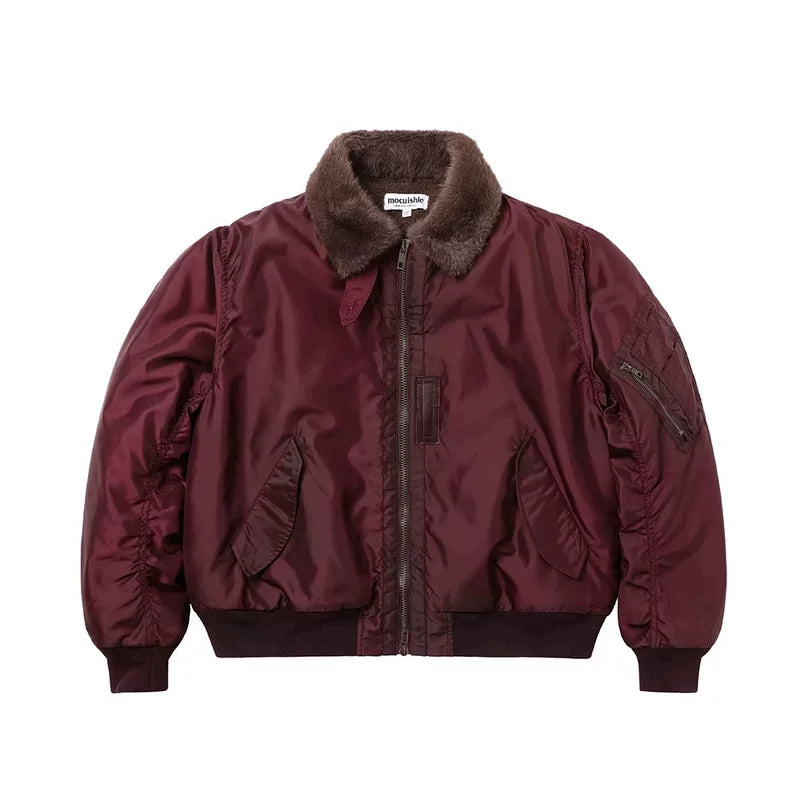 6116075747170,6116075747172,6116075747174,6116075747176, Faux Shearling Collar Bomber Jacket