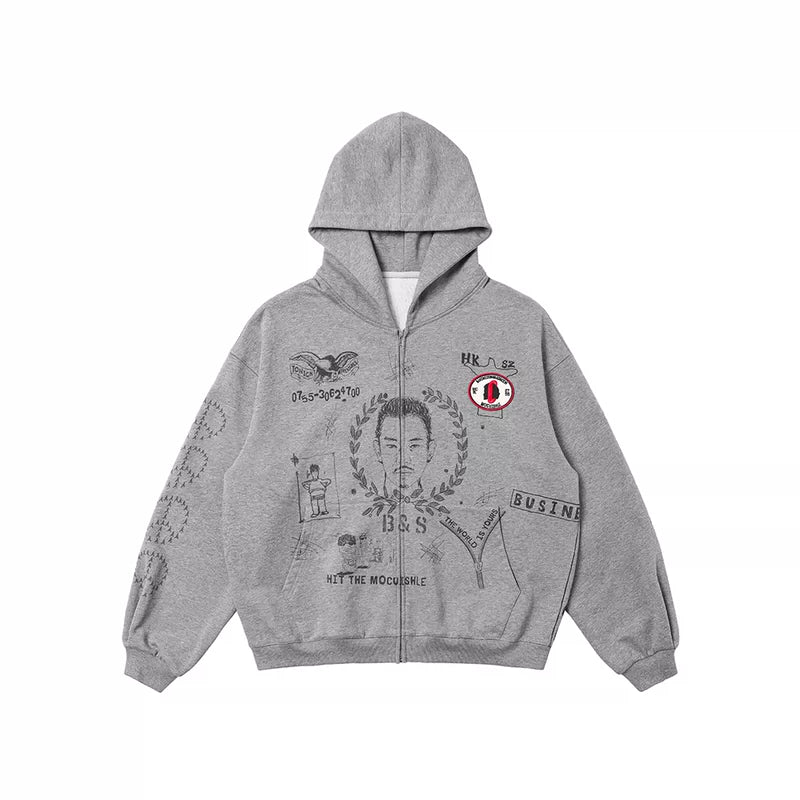 5927909465183,5927909465184,5927909465185,5927909465186, Graphic Zip Front Hoodie