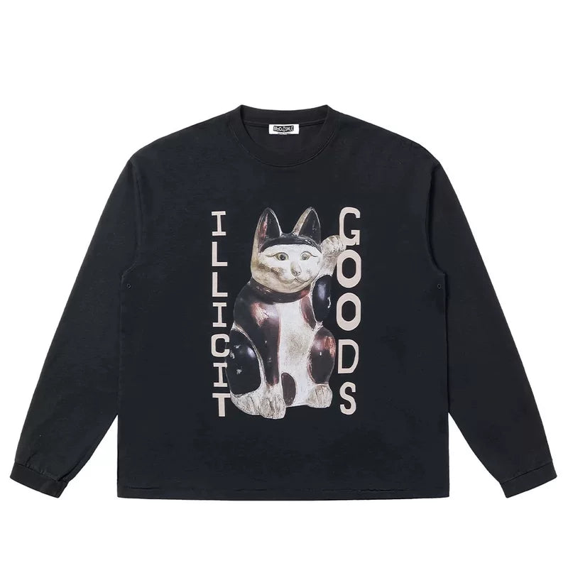 5938424365622,5938424365625,5938424365628,5938424365631, Illicit Goods Cat Graphic Long-Sleeve T-Shirt