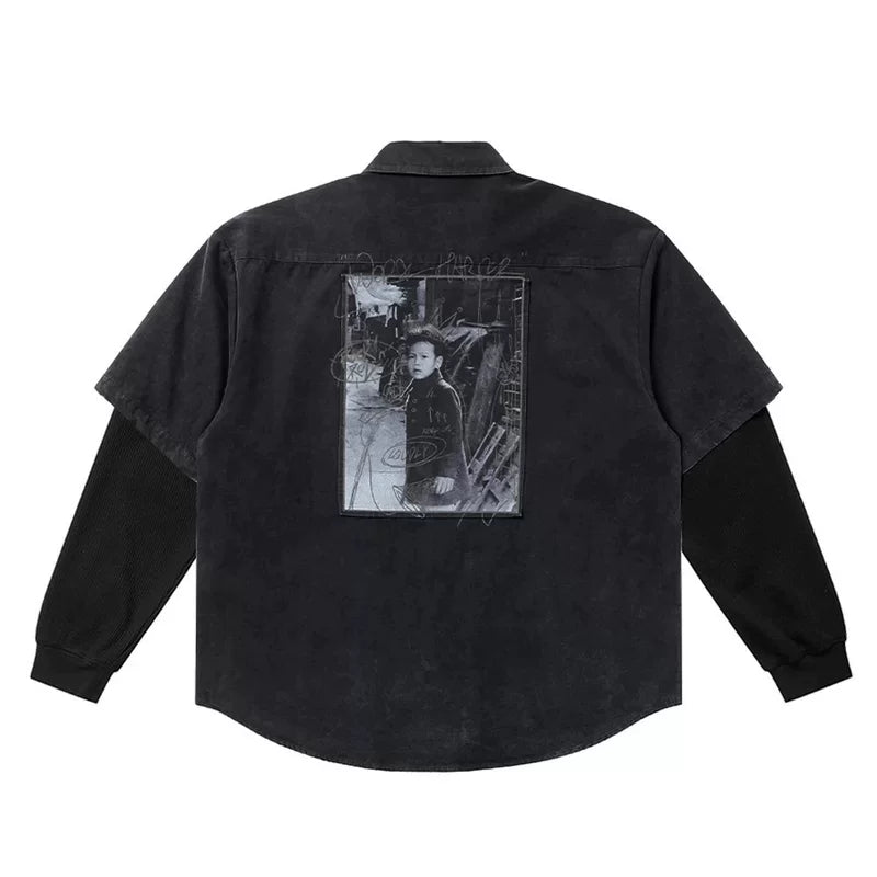 6112876634343,6112876634344,6112876634345,6112876634346, Graphic Back Faux Layered Shirt