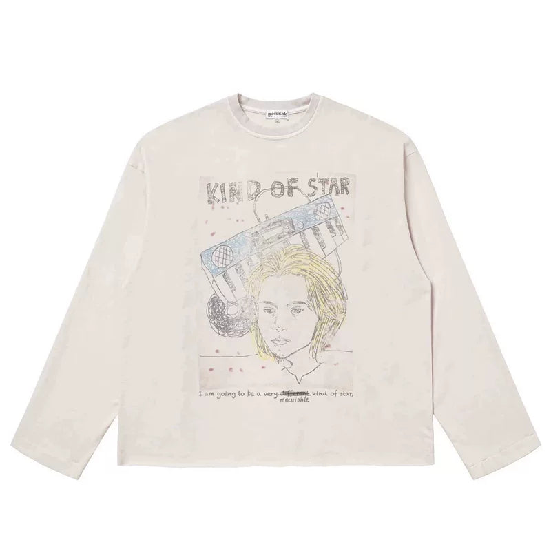 6107607562446,6107607562447,6107607562448,6107607562449, Kind of Star Graphic Long Sleeve T-Shirt