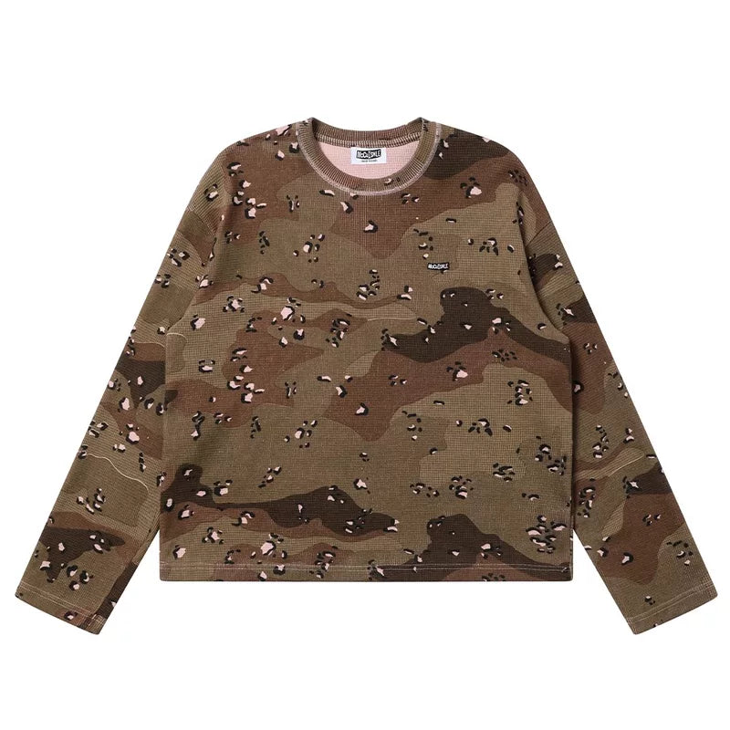 5971516229365,5971516229367,5971516229369,5971516229371, Camouflage Waffle Knit Long Sleeve T-Shirt