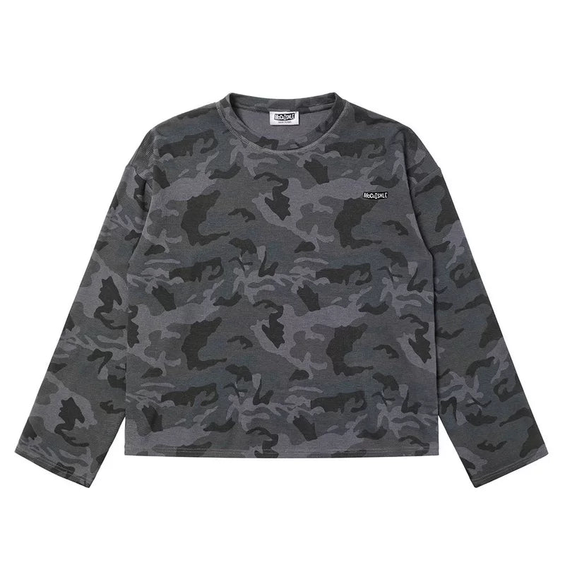 6118589186380,6118589186382,6118589186384,6118589186386, Camouflage Waffle Knit Long Sleeve T-Shirt