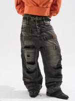 Multi-Layered Ripped Baggy Denim Pants 1