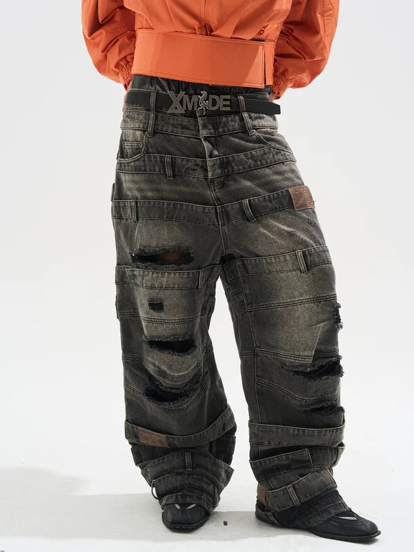 Multi-Layered Ripped Baggy Denim Pants 1