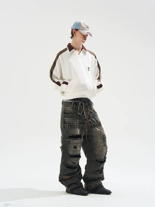 Multi-Layered Ripped Baggy Denim Pants 5