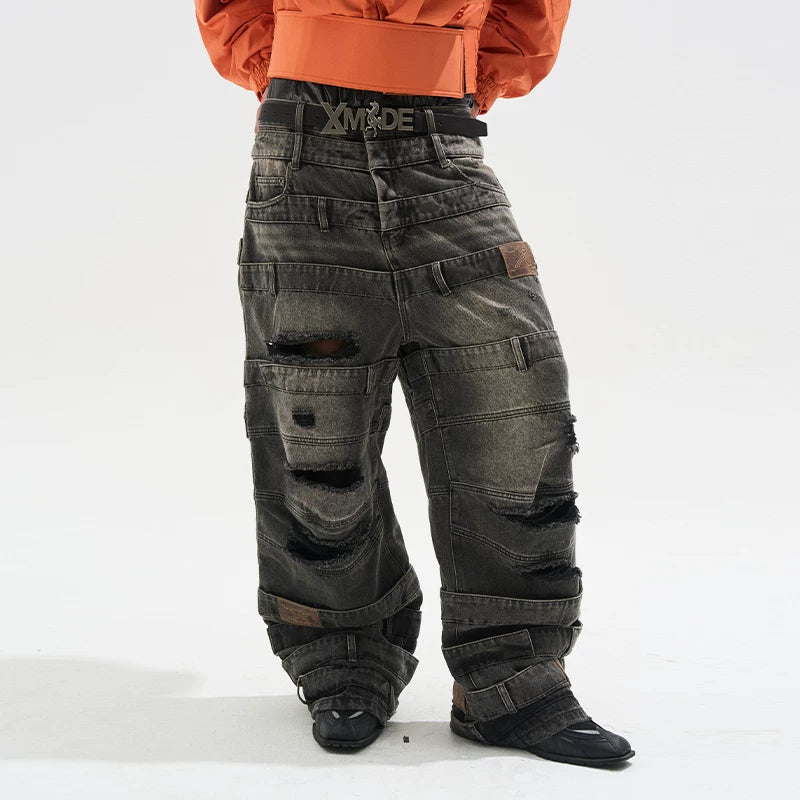 6052288570127,6052288570128,6052288570129,6052288570130, Multi-Layered Ripped Baggy Denim Pants