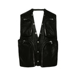 Multi-Pocket Sleeveless Leather Utility Vest 1