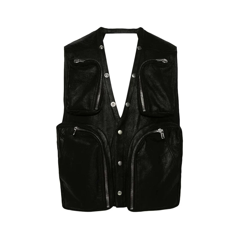 Multi-Pocket Sleeveless Leather Utility Vest 1