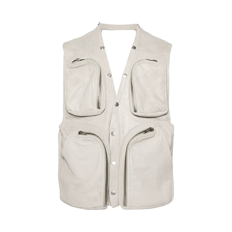 Multi-Pocket Sleeveless Leather Utility Vest 2